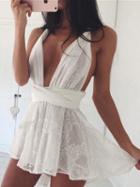 Choies White Plunge Open Back Lace Mini Dress