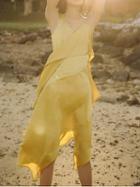 Choies Yellow V-neck Asymmetric Detail Ruffle Trim Chic Women Midi Dress