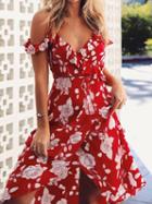 Choies Red Floral Print Wrap Ruffle Cami Midi Dress
