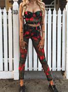 Choies Black Floral Embroidery Chic Women Mesh Crop Top And High Waist Pants