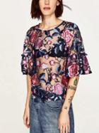 Choies Polychrome Embroidery Floral Flared Sleeve Sheer Mesh Blouse Top