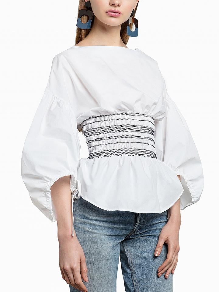 Choies White Puff Sleeve Stretch Waist Blouse