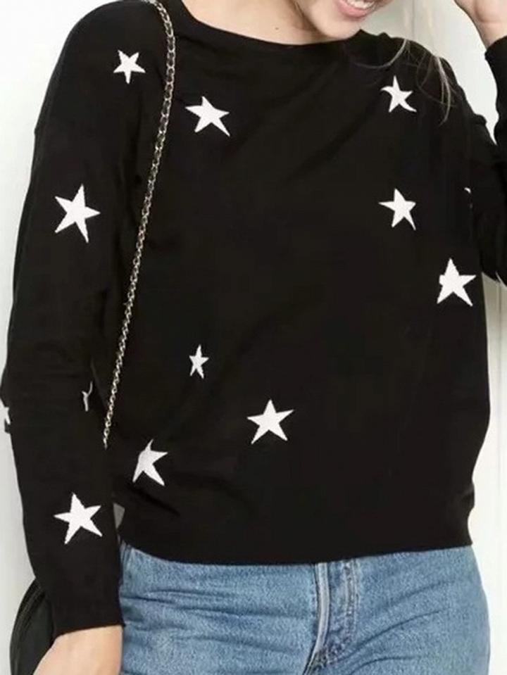 Choies Black Cotton Blend Star Print Long Sleeve Sweater