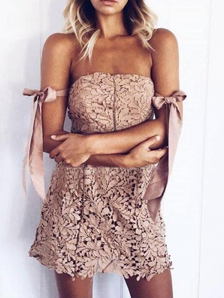 Choies Nude Pink Bardot Tie Sleeve Cutwork Lace Ladder Mini Dress