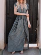 Choies Dark Gray Plunge Drawstring Waist Thigh Split Chic Women Maxi Dress