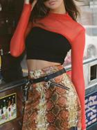 Choies Orange Contrast High Neck Sheer Mesh Panel Long Sleeve Crop Top