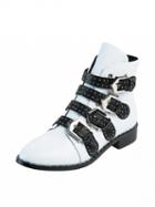 Choies White Pointed Contrast Buckle Strap Studs Detail Ankle Boots