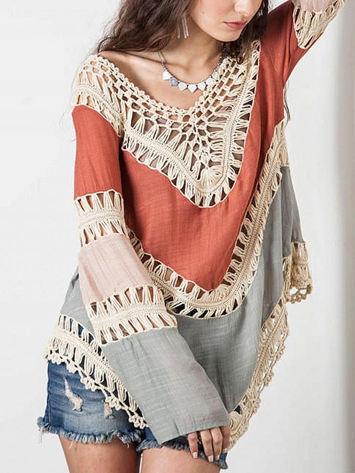 Choies Orange Contrast V-neck Cut Out Detail Long Sleeve Blouse