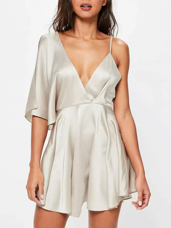Choies Silver Plunge One Shoulder Satin Skater Dress