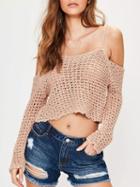 Choies Pink Cold Shoulder Long Sleeve Crochet Knit Cropped Sweater