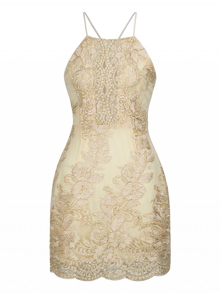 Choies Golden Embroidery Lace Halter Cross Strap Back Bodycon Dress