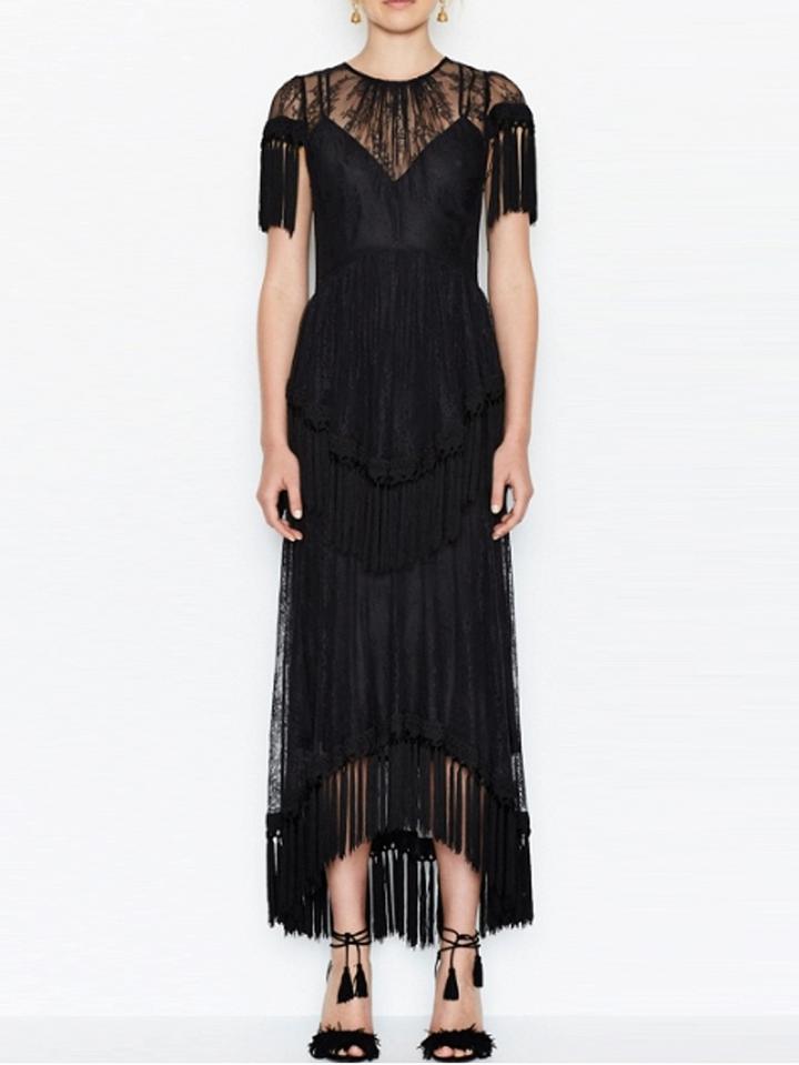 Choies Black Sheer Lace Panel Tassel Detail Maxi Dress