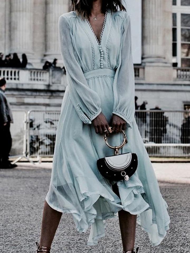 Choies Light Blue Chiffon V-neck Long Sleeve Chic Women Midi Dress