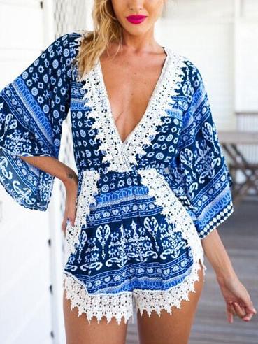 Choies Blue Mixed Folk Print Plunge Lace Embellished Romper Playsuit