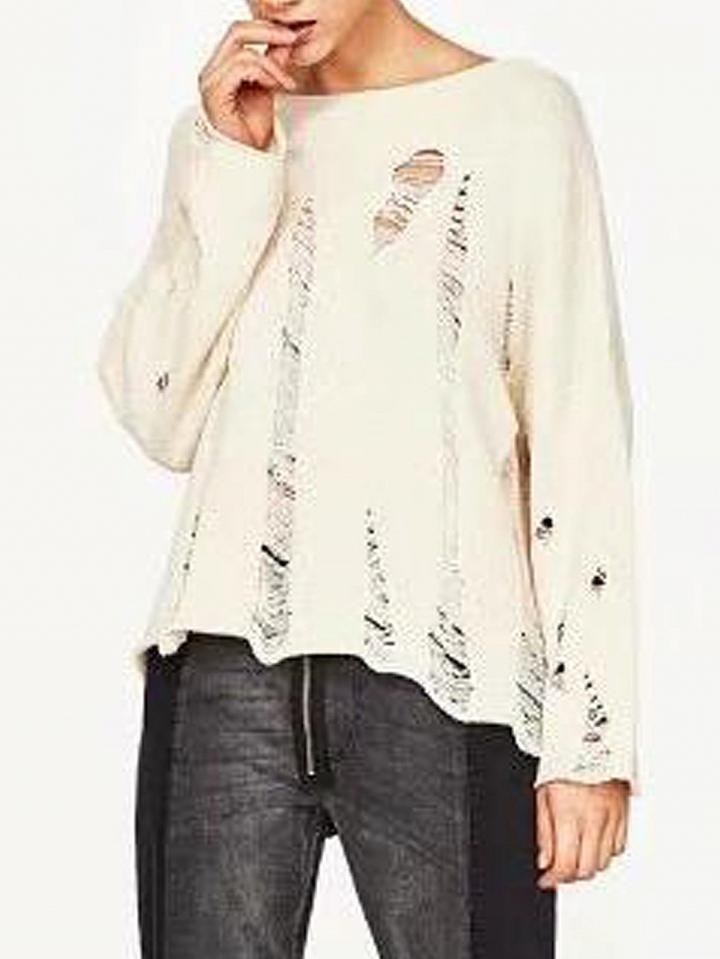 Choies Beige Ripped Long Sleeve Knit Jumper