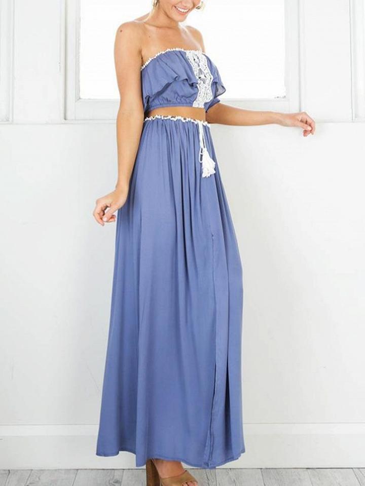 Choies Blue Ruffle Lace Insert Bandeau Crop Top And Split Maxi Skirt