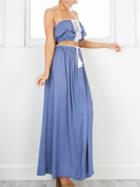 Choies Blue Ruffle Lace Insert Bandeau Crop Top And Split Maxi Skirt