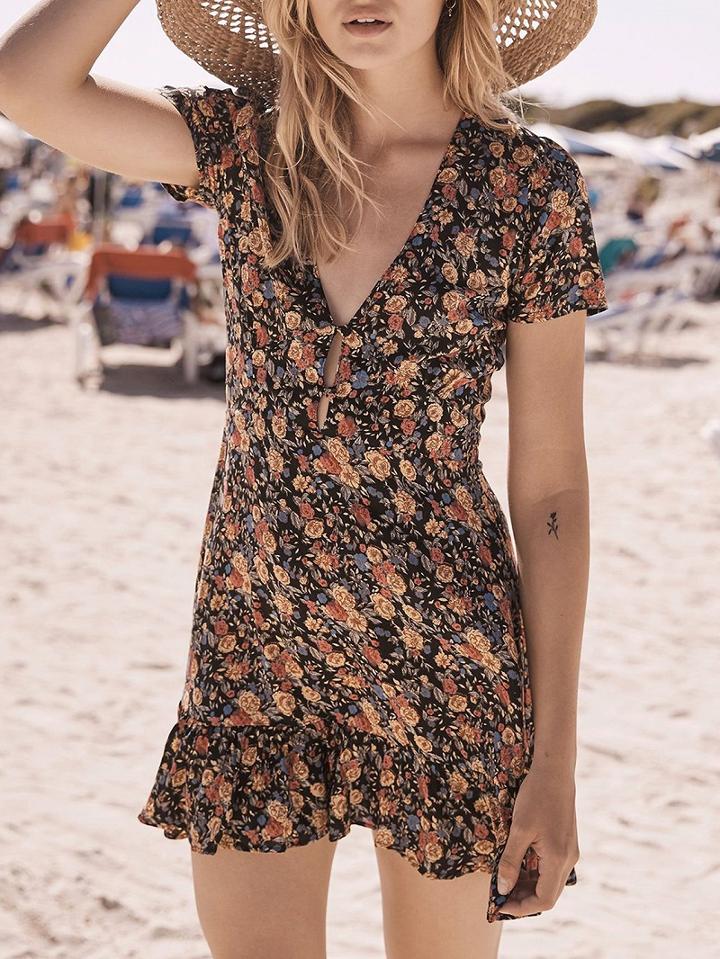 Choies Black V-neck Floral Print Chic Women Mini Dress