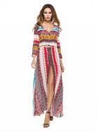 Choies Red V Neck Mixed Folk Print Split Maxi Dress