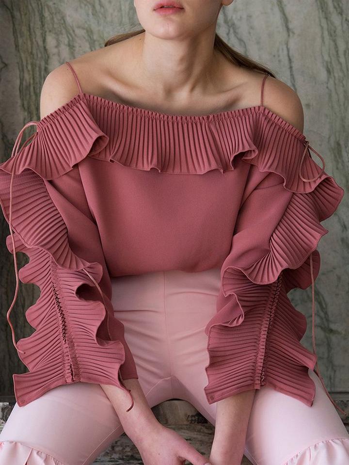 Choies Brownish Red Lace Up Sleeve Ruffle Detail Blouse