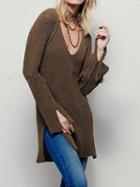 Choies Khaki V-neck Open Back Long Sleeve Chic Women Knit Sweater