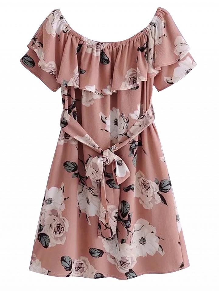 Choies Pink Off Shoulder Tie Waist Floral Print Dress