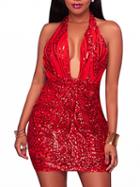 Choies Red Halter Sequin Detail Open Back Bodycon Mini Dress