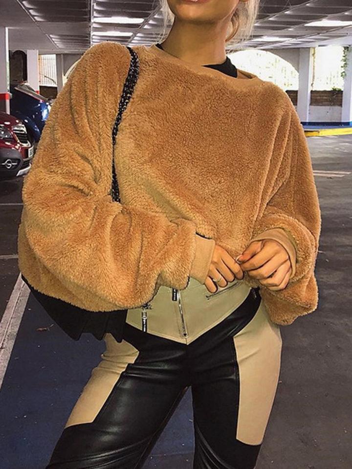 Choies Khaki Velvet Crew Neck Long Sleeve Women Crop Sweatshirt