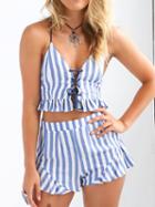 Choies Women's Blue Stripe Lace Up Front Slim Strap Crop Top And Shorts