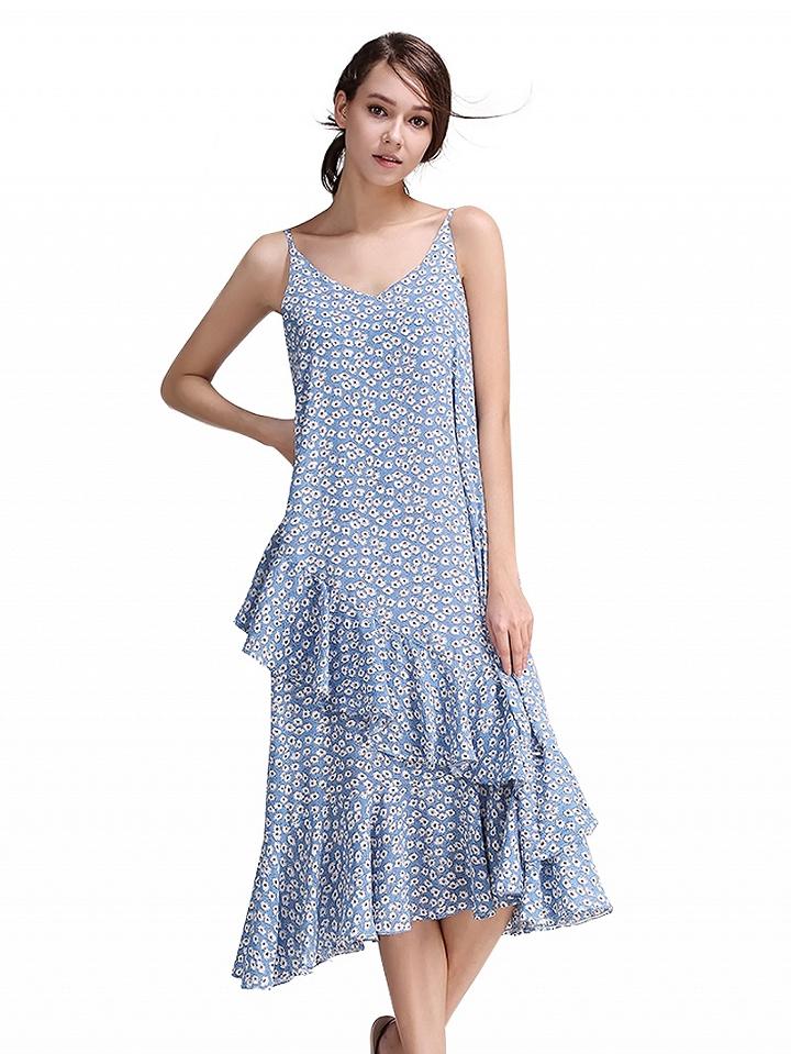 Choies Blue Floral Print Asymmetric Ruffle Cami Midi Dress