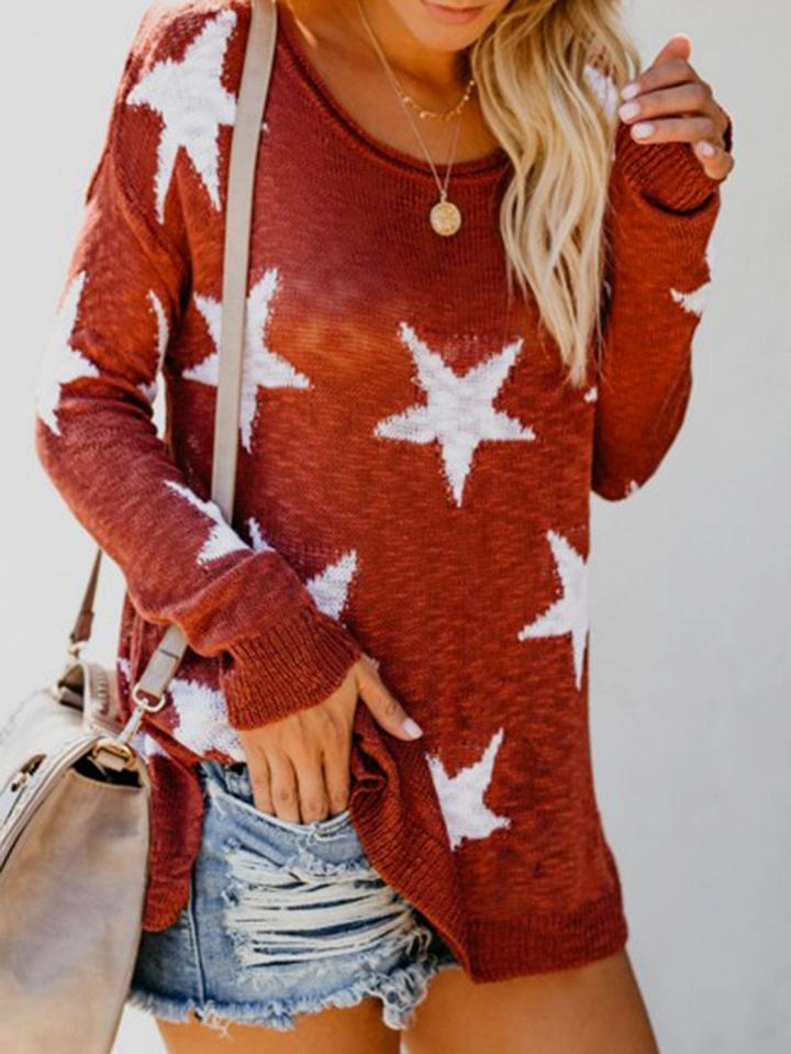 Choies Red Star Print Long Sleeve Chic Women Knit Sweater