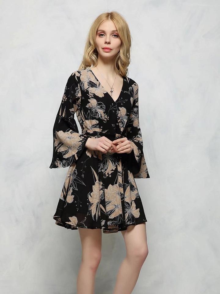 Choies Black Wrap V-neck Tie Waist Flared Sleeve Mini Dress