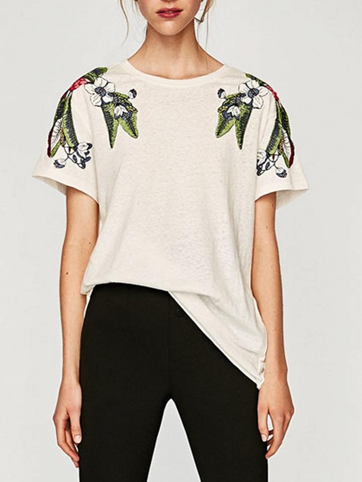 Choies White Embroidery Floral Patch T-shirt