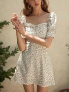 Choies White Chiffon Square Neck Floral Print Puff Sleeve Mini Dress