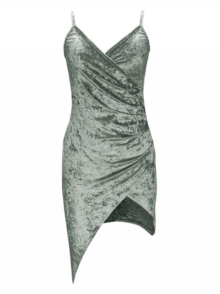 Choies Gray Wrap Front Ruched Detail Asymmetric Hem Velvet Cami Dress