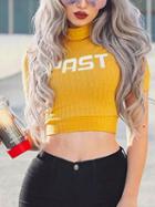 Choies Yellow High Neck Letter Print Crop Blouse