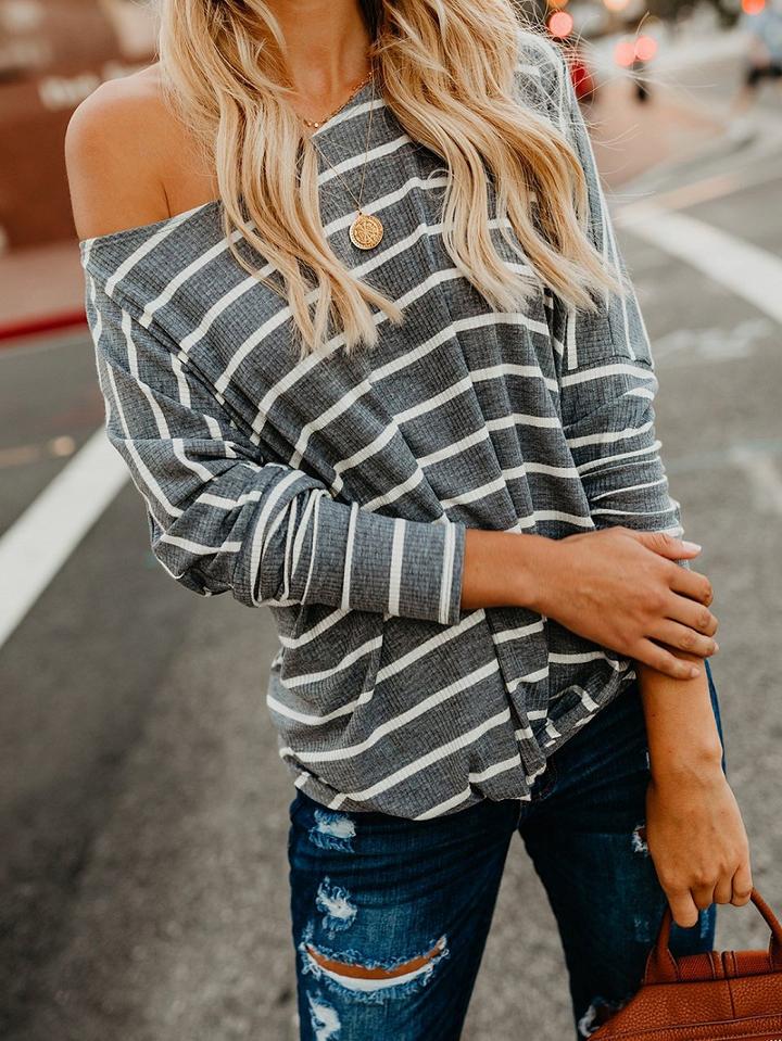 Choies Gray Stripe Ribbed Knot Front Long Sleeve T-shirt
