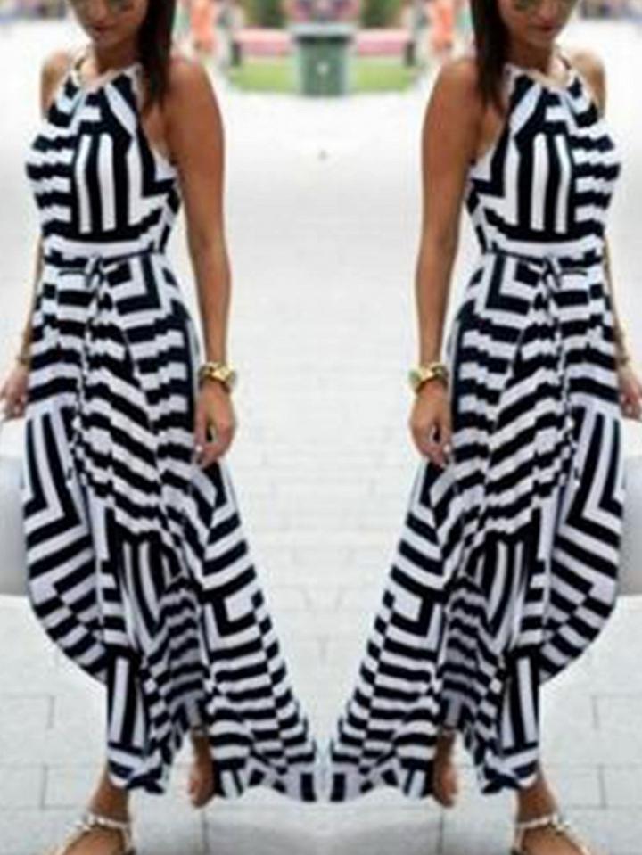 Choies Monochrome Mixed Stripe Asymmetric Hem Sleeveless Maxi Dress