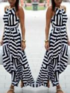 Choies Monochrome Mixed Stripe Asymmetric Hem Sleeveless Maxi Dress