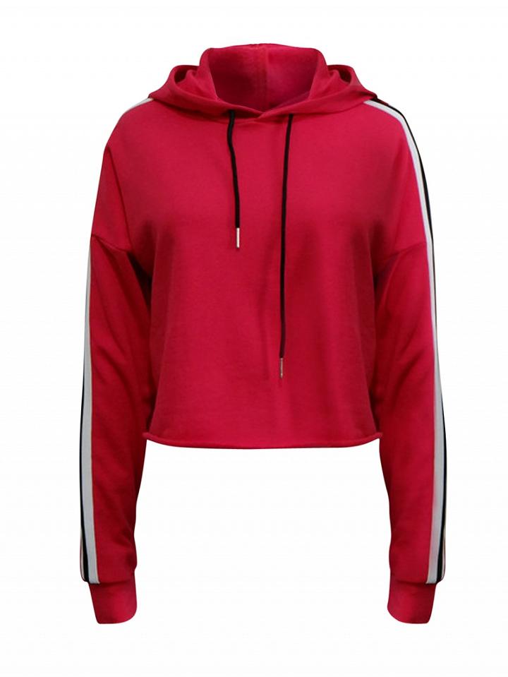 Choies Red Stripe Sleeve Raw Edge Cropped Hoodie