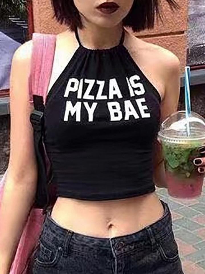 Choies Black Halter Letter Print Sleeveless Cropped Cami