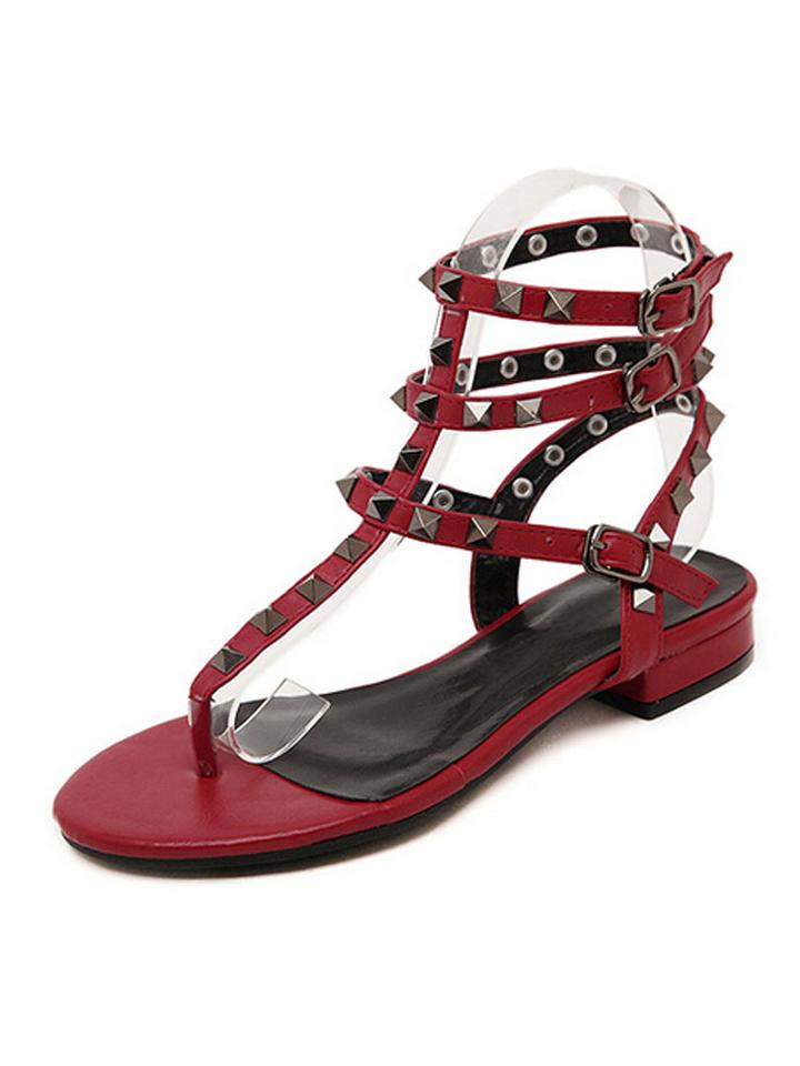 Choies Red Stud Detail T Bar Buckle Strappy Sandals