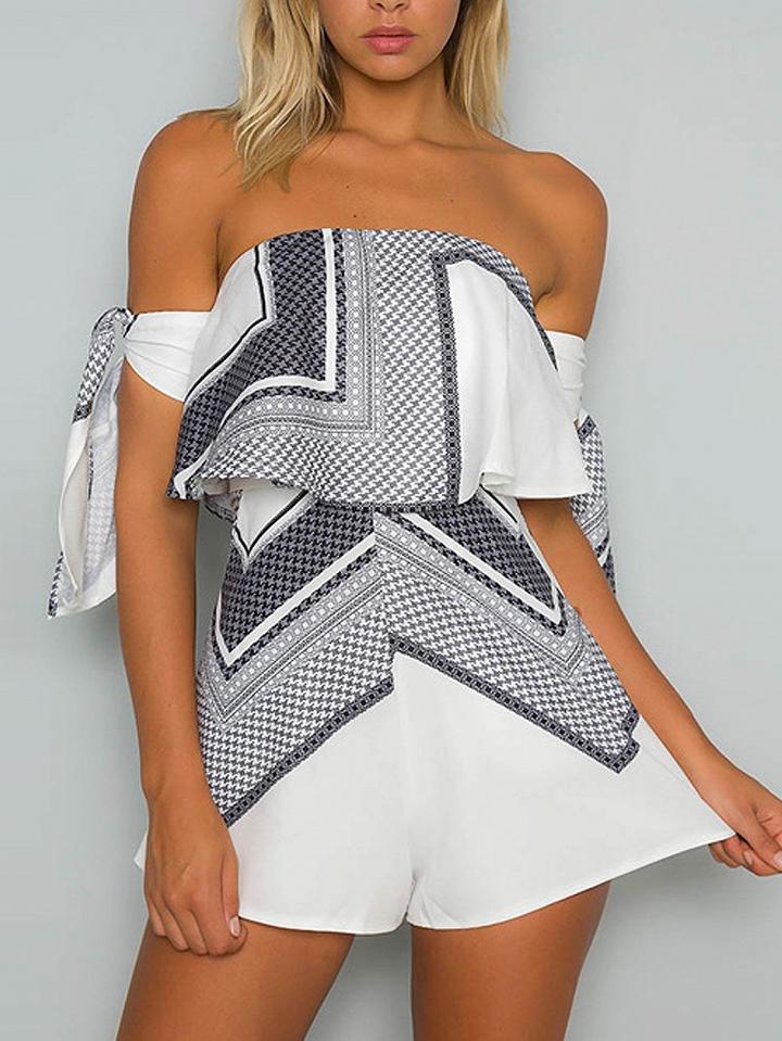 Choies White Off Shoulder Geo Pattern Layered Bow Sleeve Romper Playsuit