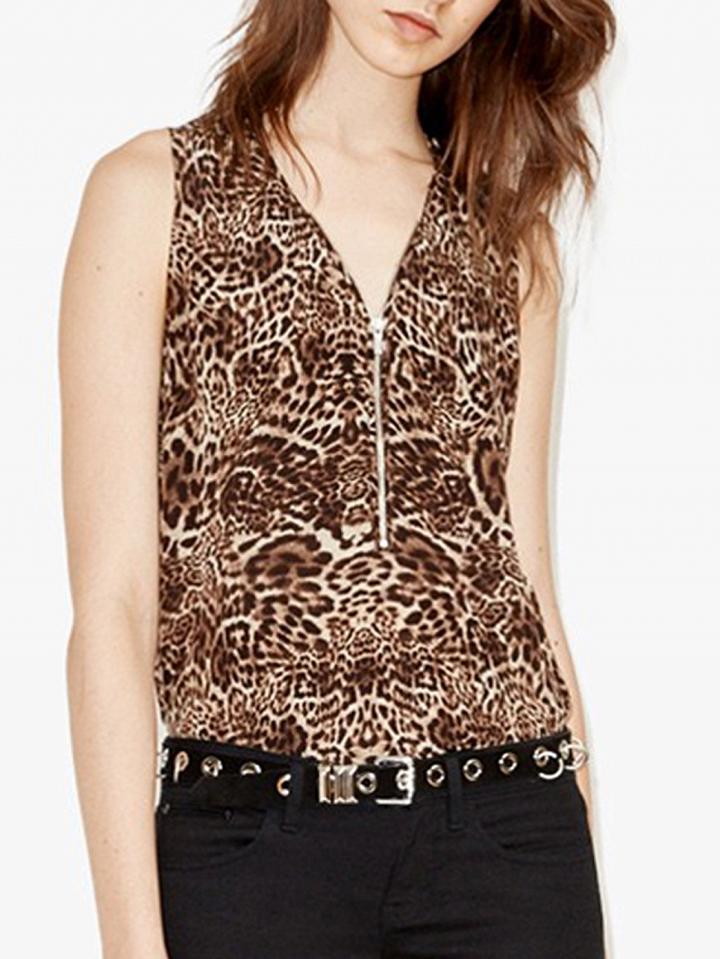 Choies Brown Leopard Print Zip Front Tank Top