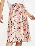 Choies Pink High Waist Embroidery Floral Mesh Skirt