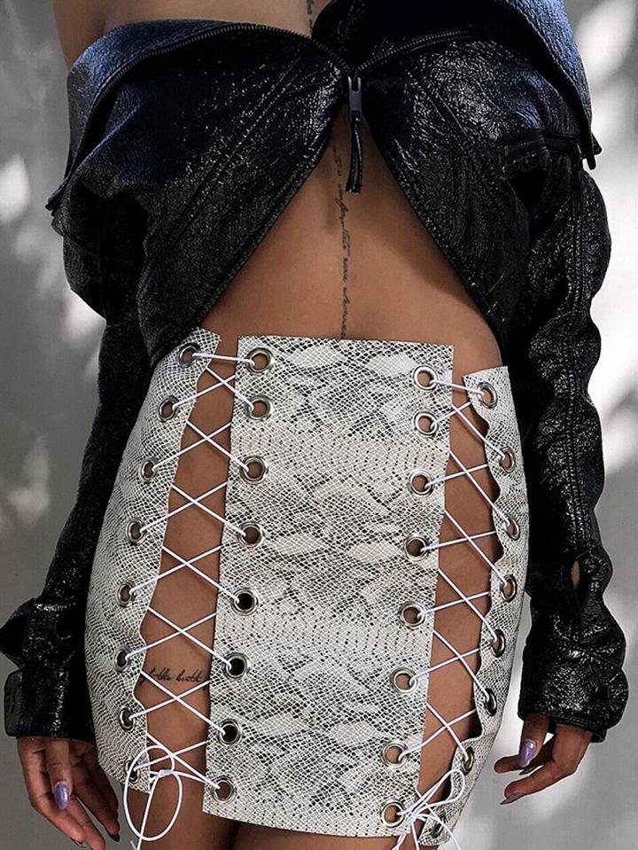Choies Gray Python Print High Waist Eyelet Lace Up Chic Women Mini Skirt