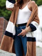 Choies Khaki Open Front Stripe Panel Long Sleeve Chic Women Longline Cardigan