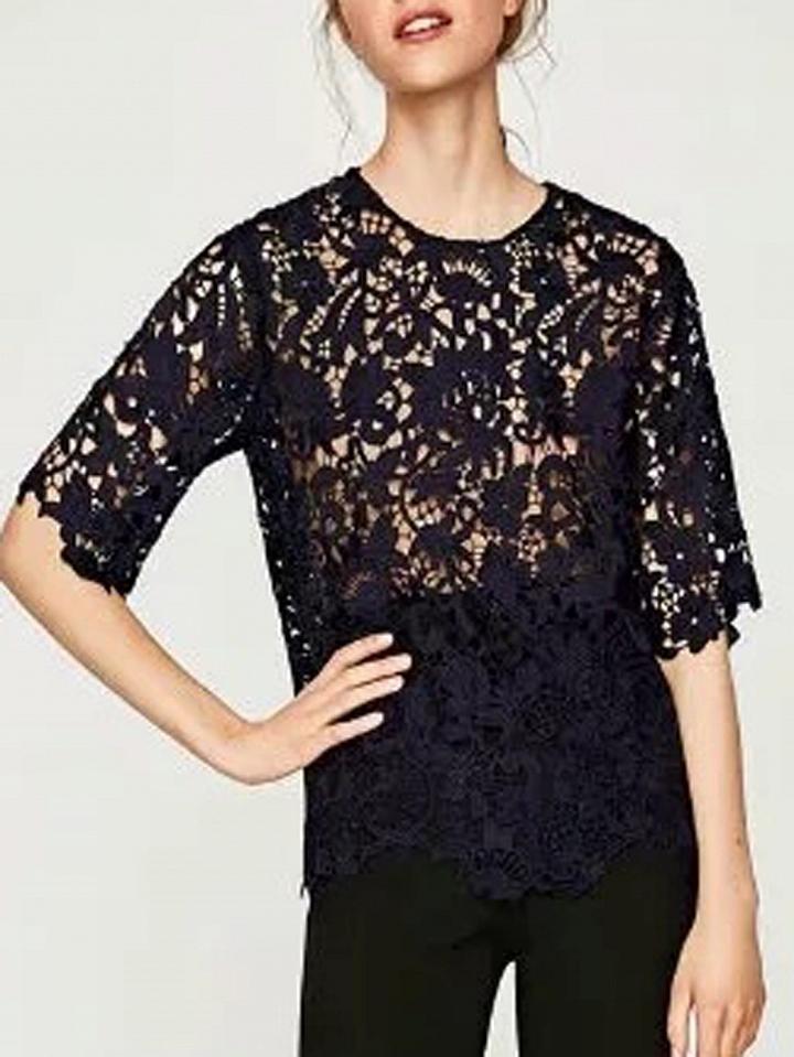 Choies Dark Blue Button Back Lace Blouse