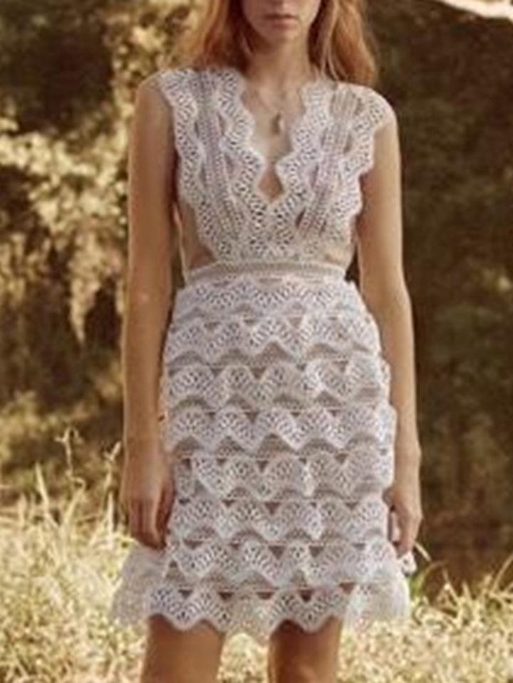 Choies White Cutwork Lace Contrast Lined Sleeveless Dress