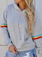 Choies Gray Cotton Stripe Panel Pouch Front Long Sleeve Hoodie